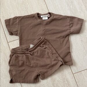 Zara Brown Short Sleeve Sweatshirt and Elastic Waist Shorts Set